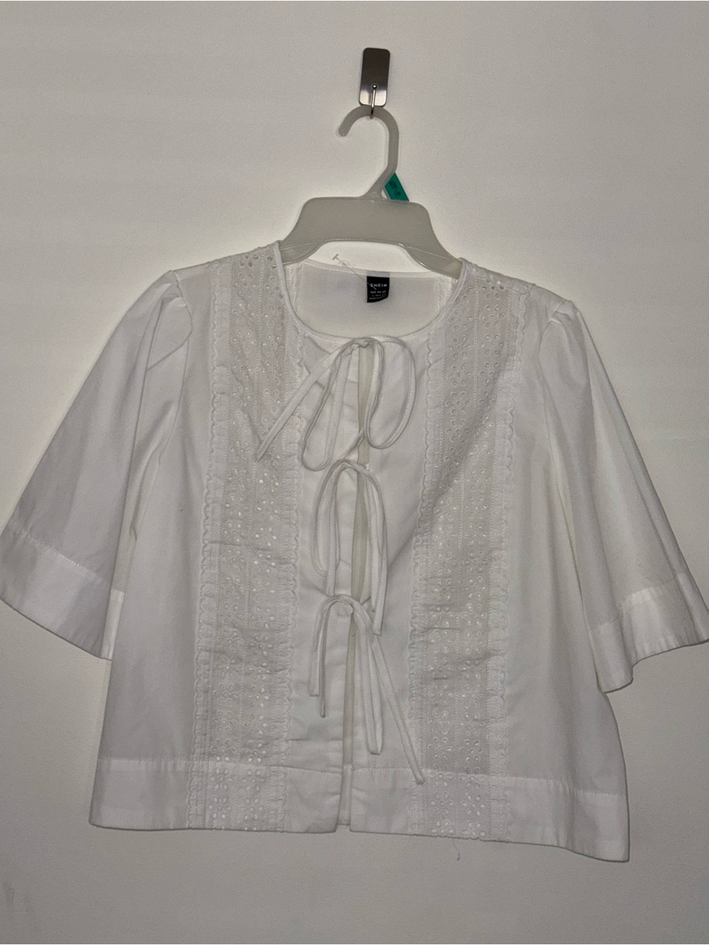 White Tie-Front Embroidered Women’s Top